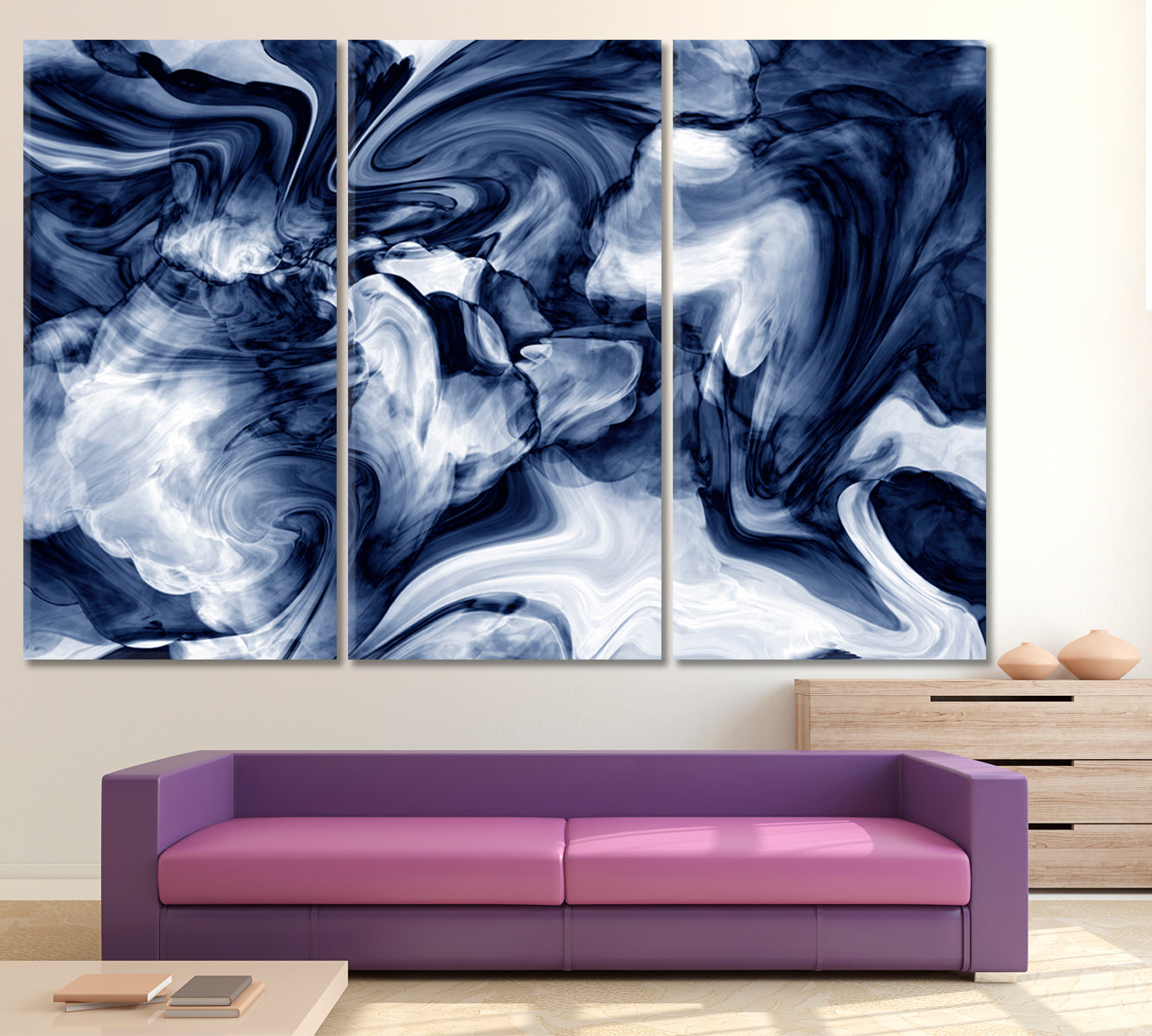 Dark Blue Marble Wavy Lines Abstract Creative Fluid Art, Oriental Marbling Canvas Print Artesty 3 panels 36" x 24" 