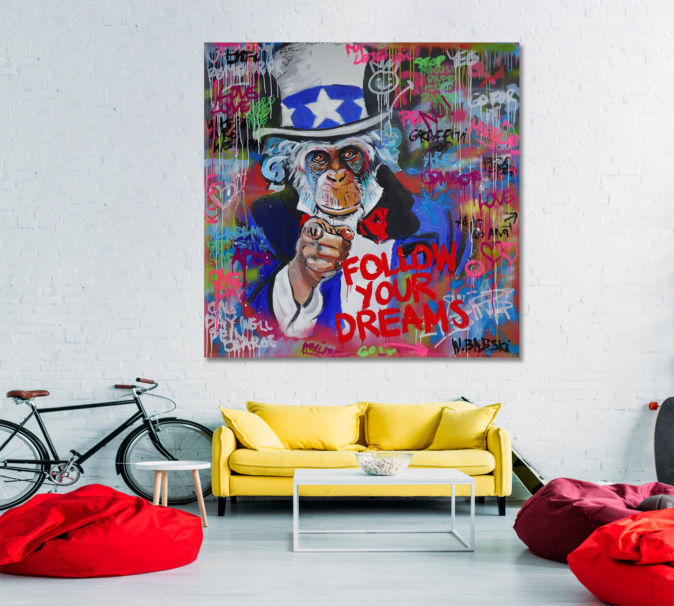 GRAFFITI GRUNGE STYLE Follow Your Dreams Drip Paint Expressionism Canvas Print  - Square Contemporary Art Artesty   