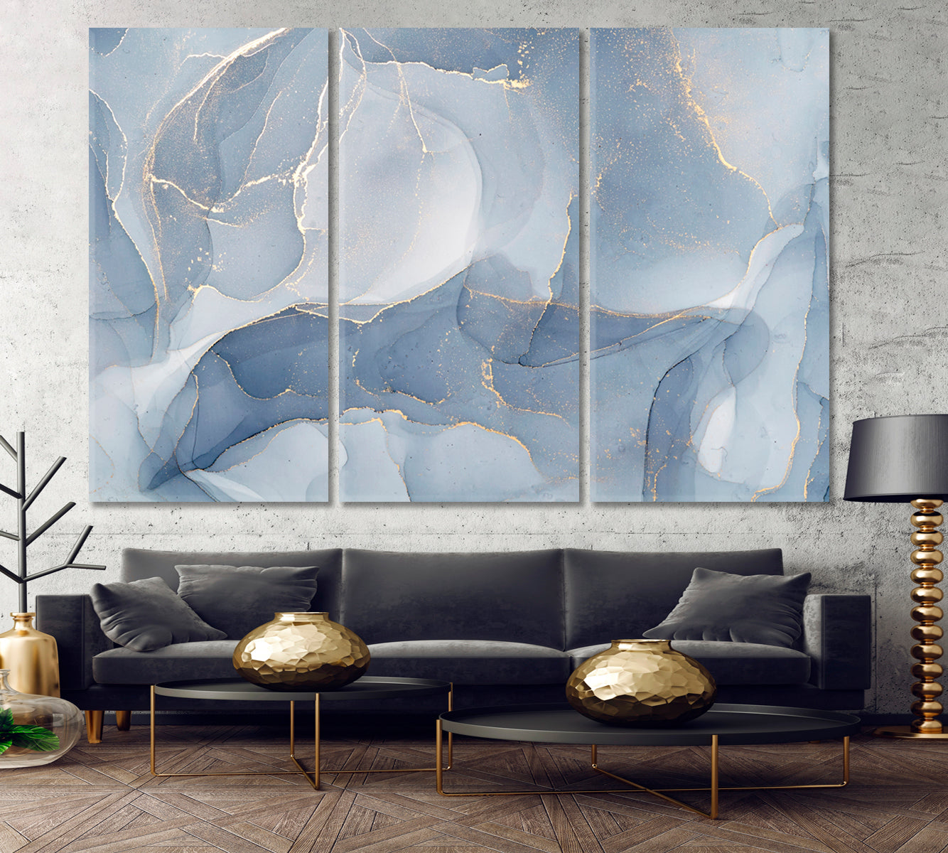 SOFT BLUE Modern Marble Alcohol Ink Tender Veins Abstract Design Fluid Art, Oriental Marbling Canvas Print Artesty 3 panels 36" x 24" 