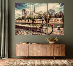 Retro Bicycle Notre Dame Old Cathedral Paris France Seine River Cities Wall Art Artesty 3 panels 36" x 24" 
