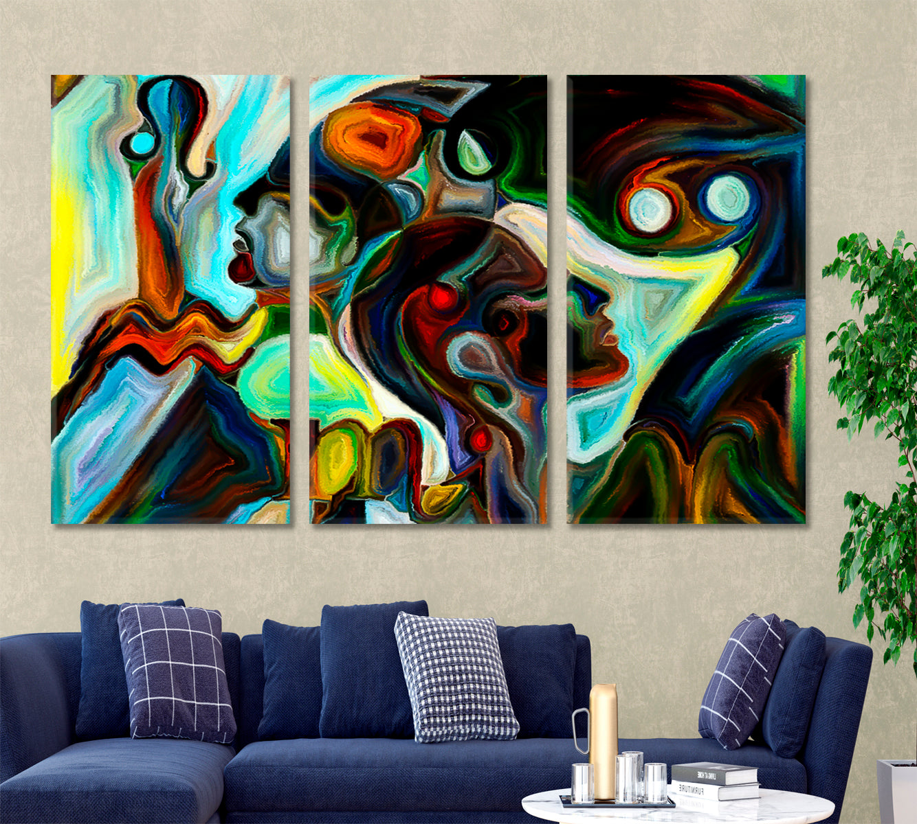 Human Symbols and Color Patterns Contemporary Art Artesty 3 panels 36" x 24" 