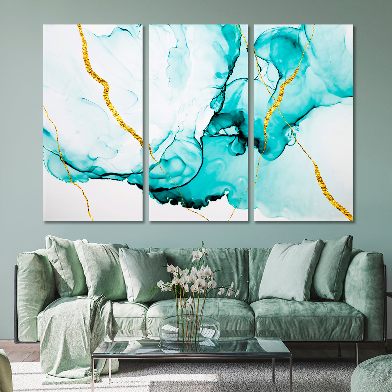 SMOCK IN MOTION Green Blue Gold Ink In Water Natural Luxury Marble Fluid Art, Oriental Marbling Canvas Print Artesty   