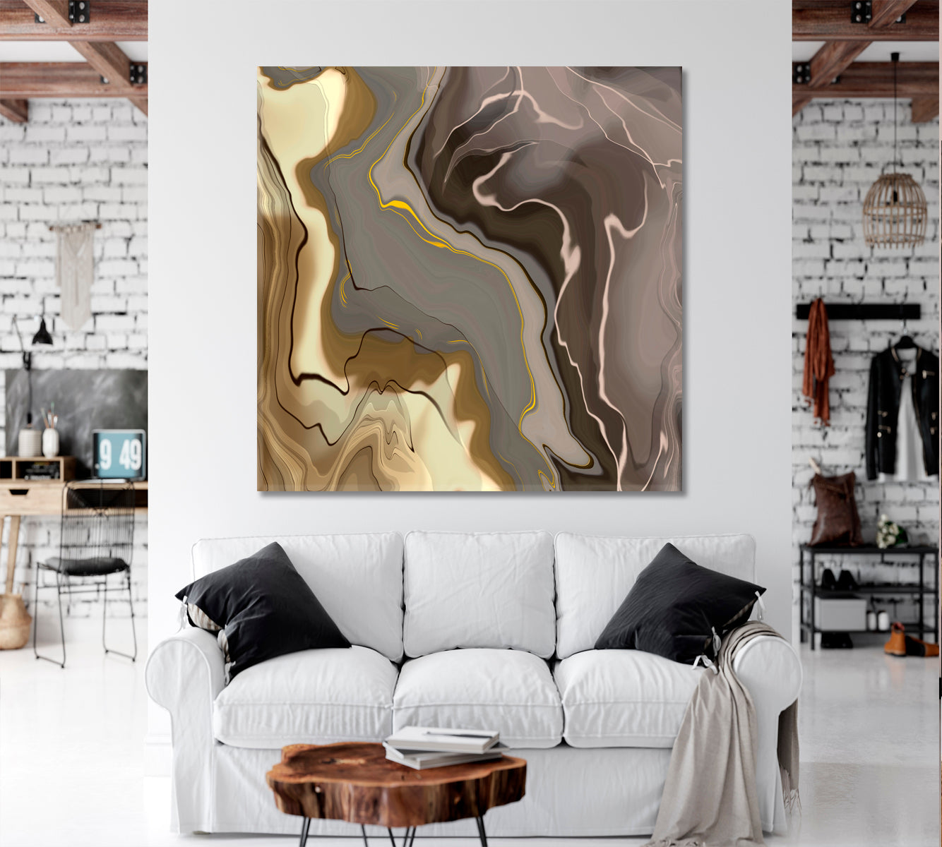 Abstract Beige Grey Brown Poster Fluid Art, Oriental Marbling Canvas Print Artesty   