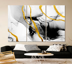 ABSTRACT CLOUDS ART & INK Black White Gold Marble Fluid Art, Oriental Marbling Canvas Print Artesty 3 panels 36" x 24" 
