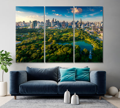 Bangkok Urban Business Cityscape Modern Buildings Lumpini Park Famous Landmarks Artwork Print Artesty 3 panels 36" x 24" 