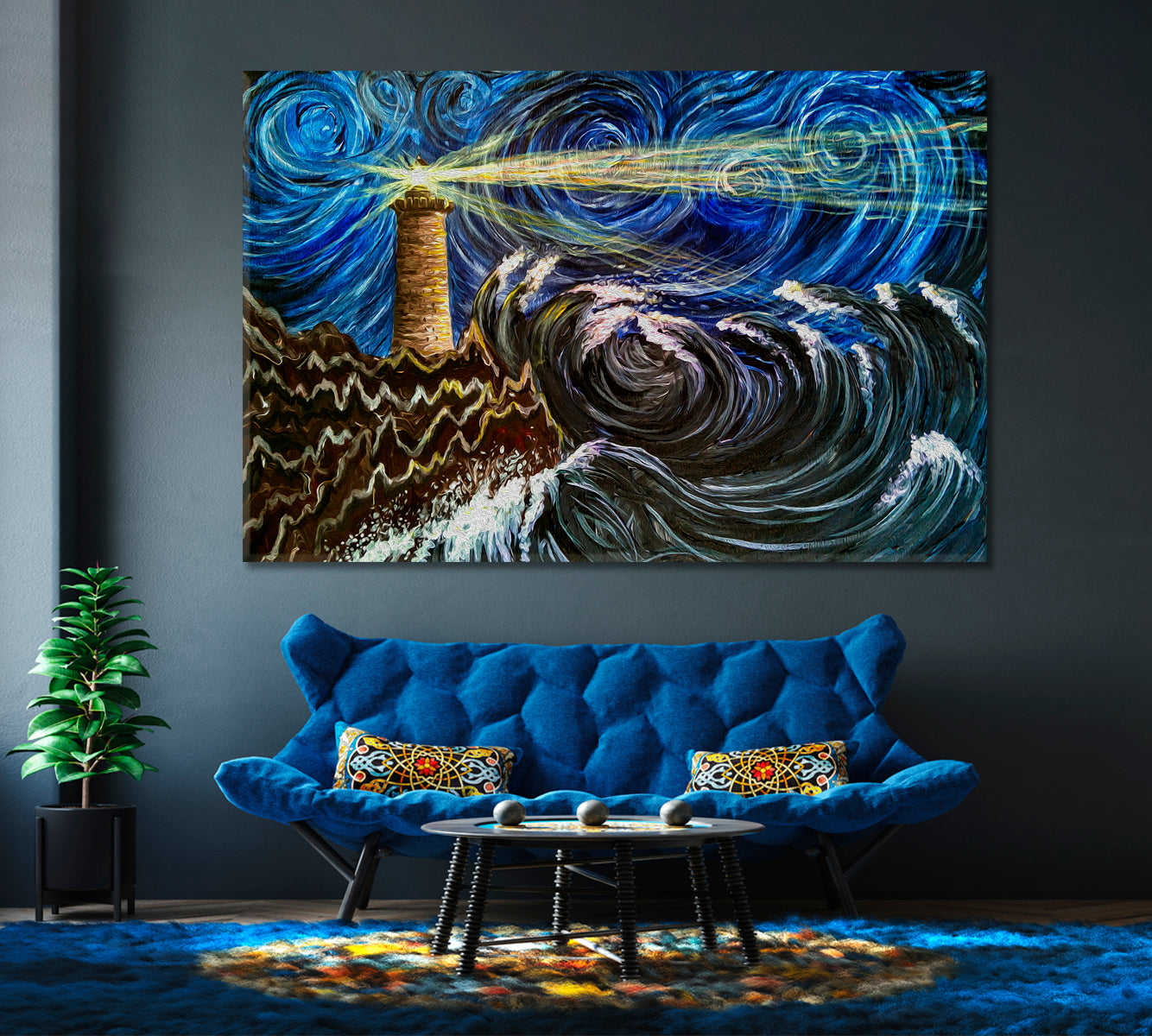 Lighthouse Sea Storm Waves Clouds Impressionism Van Gogh Style Fine Art Artesty   