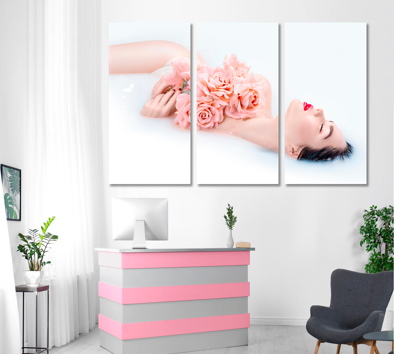 SPA AND SKINCARE ART Pink Rose Flower Milk Bath Spa, Zen Wall Canvas Art Artesty   