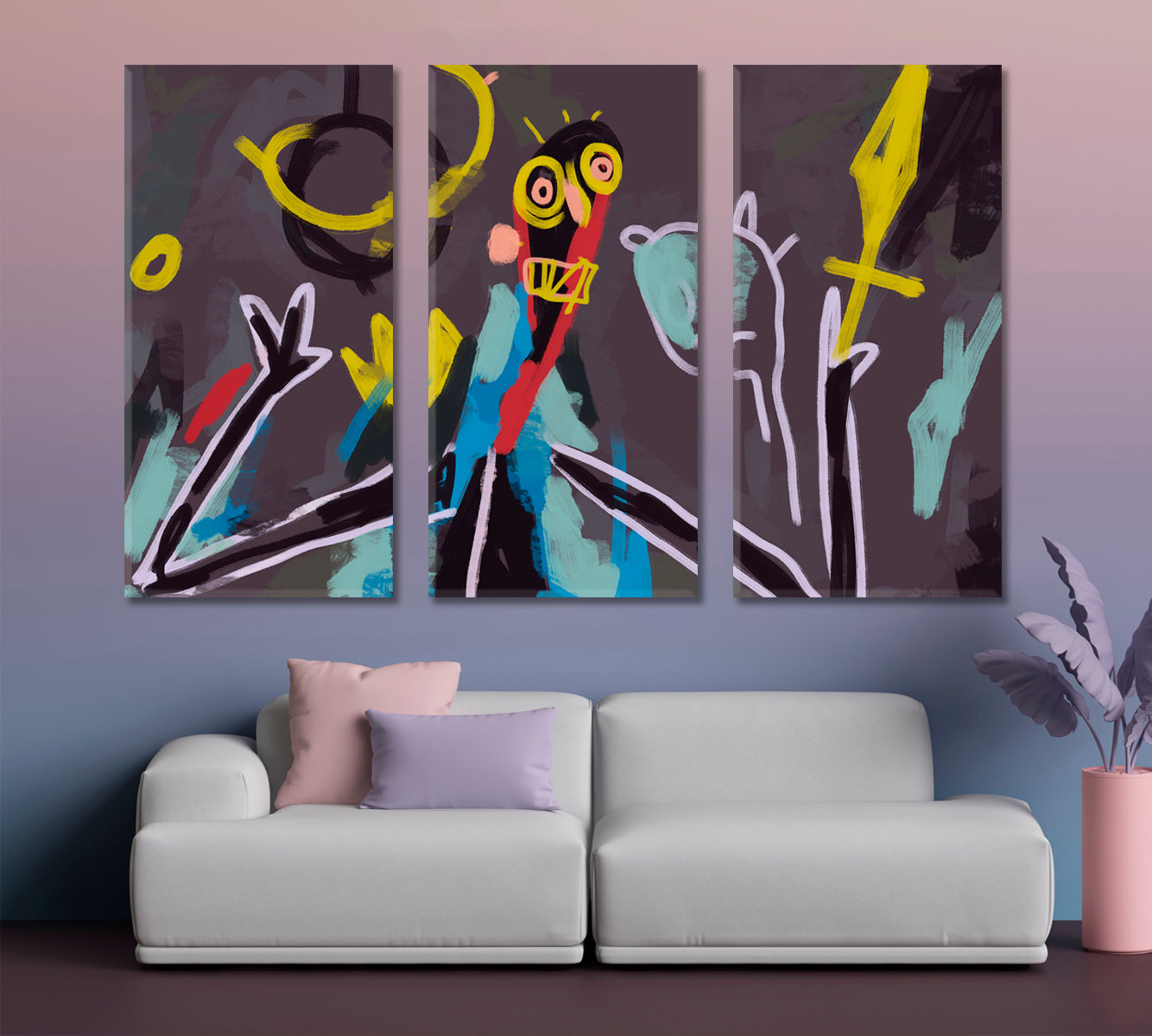 KING & CROWN Basquiat Vibe Abstract Figurative Expressionism Abstract Art Print Artesty 3 panels 36" x 24" 
