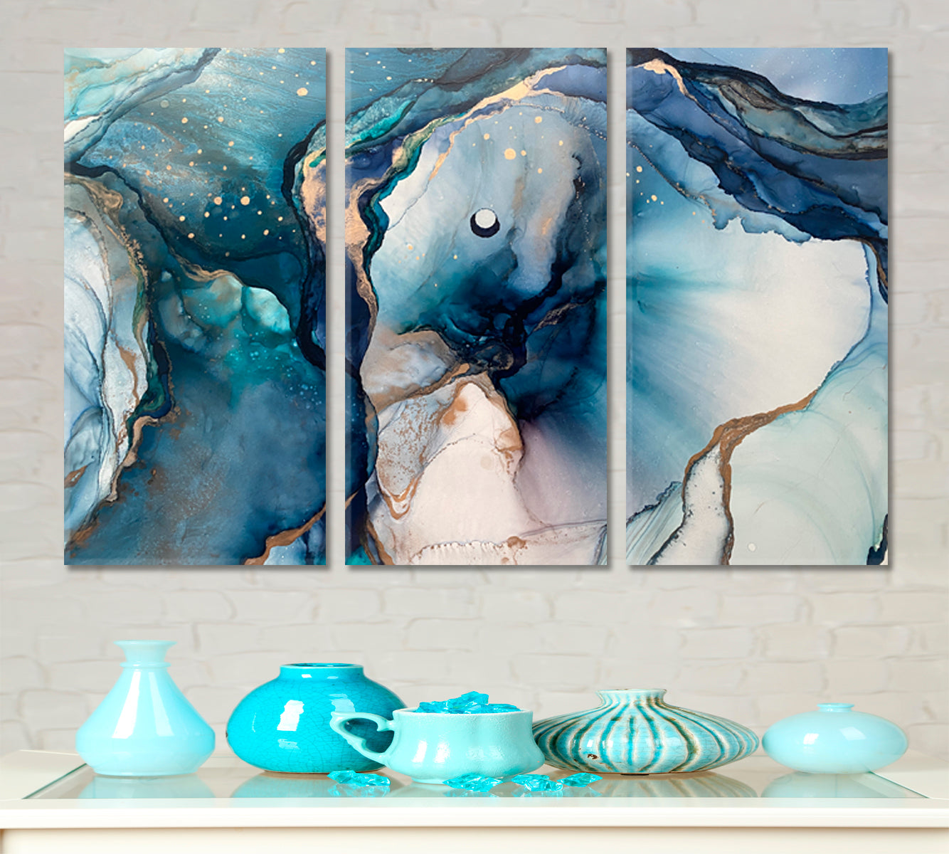 INK PAINTING Blue Transparent Waves Swirls Glowing Golden Veins Fluid Art, Oriental Marbling Canvas Print Artesty 3 panels 36" x 24" 