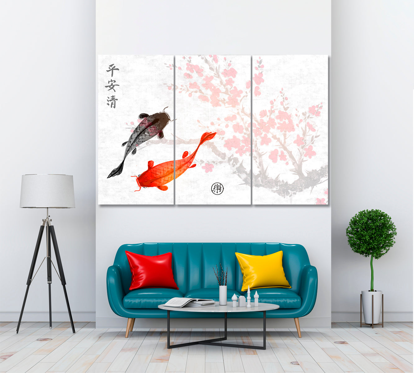 ZEN Sakura Koi Fishes Traditional Oriental Peace Tranquility Clarity Joy Asian Style Canvas Print Wall Art Artesty   