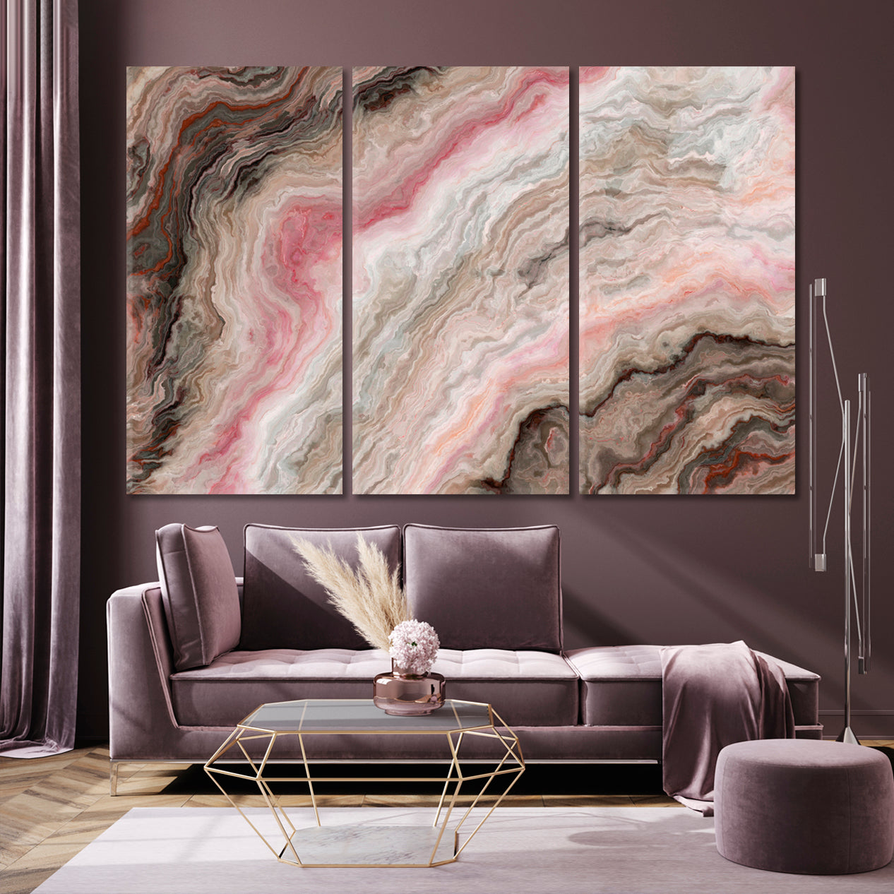 MARBLE Abstract Onyx Rose Inclusions Wavy Pattern Natural Beauty Fluid Art, Oriental Marbling Canvas Print Artesty 3 panels 36" x 24" 