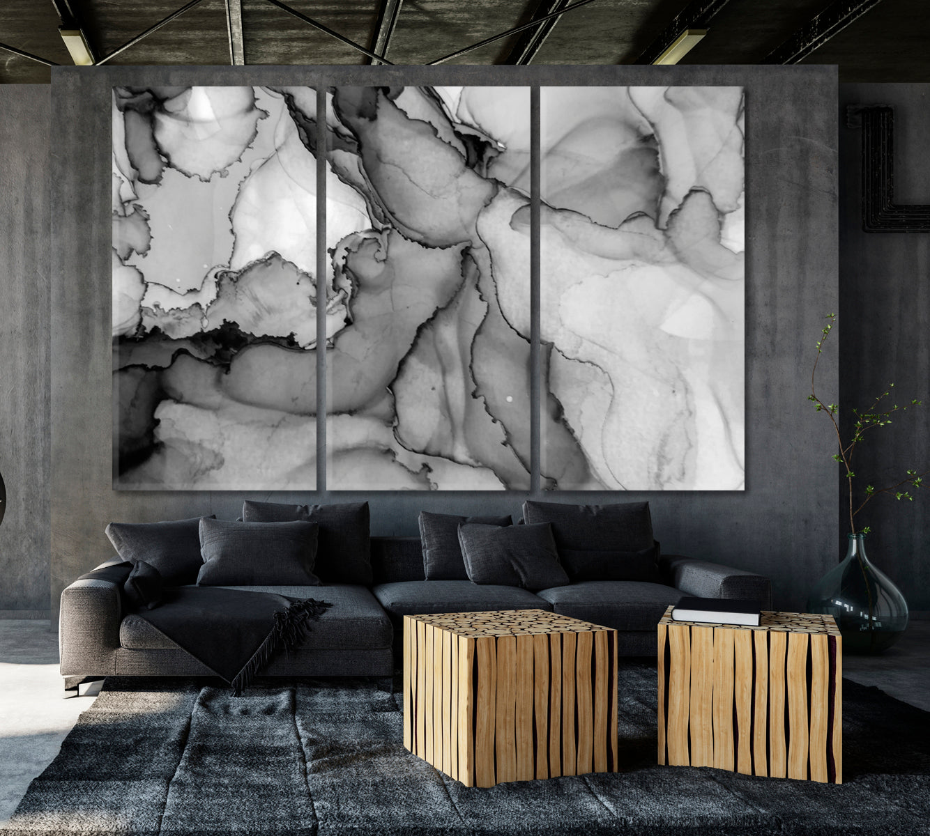 Smoky B & W Alcohol Ink Painting Transparent Marble Artistic Fluid Art, Oriental Marbling Canvas Print Artesty 3 panels 36" x 24" 