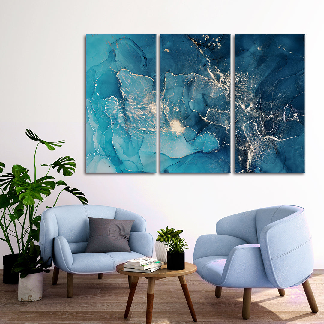 Modern Fluid Art Ink Colors Translucent Abstract Marble Fluid Art, Oriental Marbling Canvas Print Artesty 3 panels 36" x 24" 