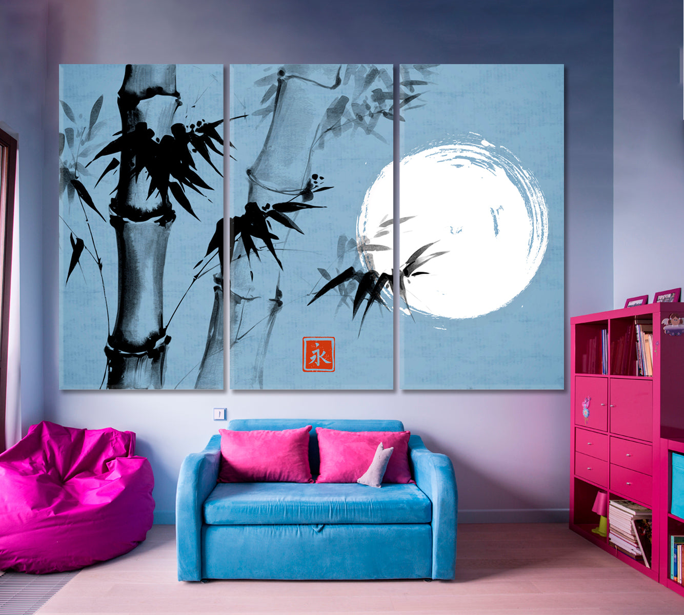 ETERNITY Sumi-e Hieroglyph Bamboo Moon Traditional Japanese Ink Canvas Print Blue Color Asian Style Canvas Print Wall Art Artesty   