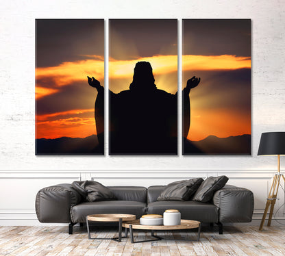 BELIEVE HOPE LOVE Silhouette Jesus Sunset Religious Modern Art Artesty 3 panels 36" x 24" 