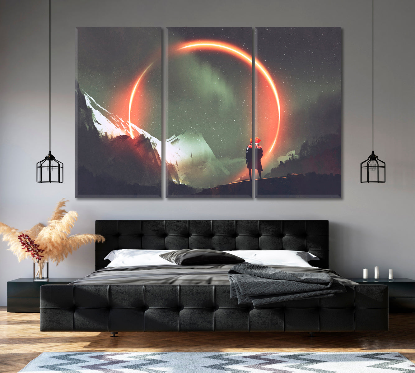 NIGHT SCENERY Man and Mystic Light Circle Landscape Surreal Fantasy Large Art Print Décor Artesty 3 panels 36" x 24" 