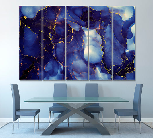 Transparent Navy Blue Marble Ink Waves Pattern Poster Fluid Art, Oriental Marbling Canvas Print Artesty 5 panels 36" x 24" 