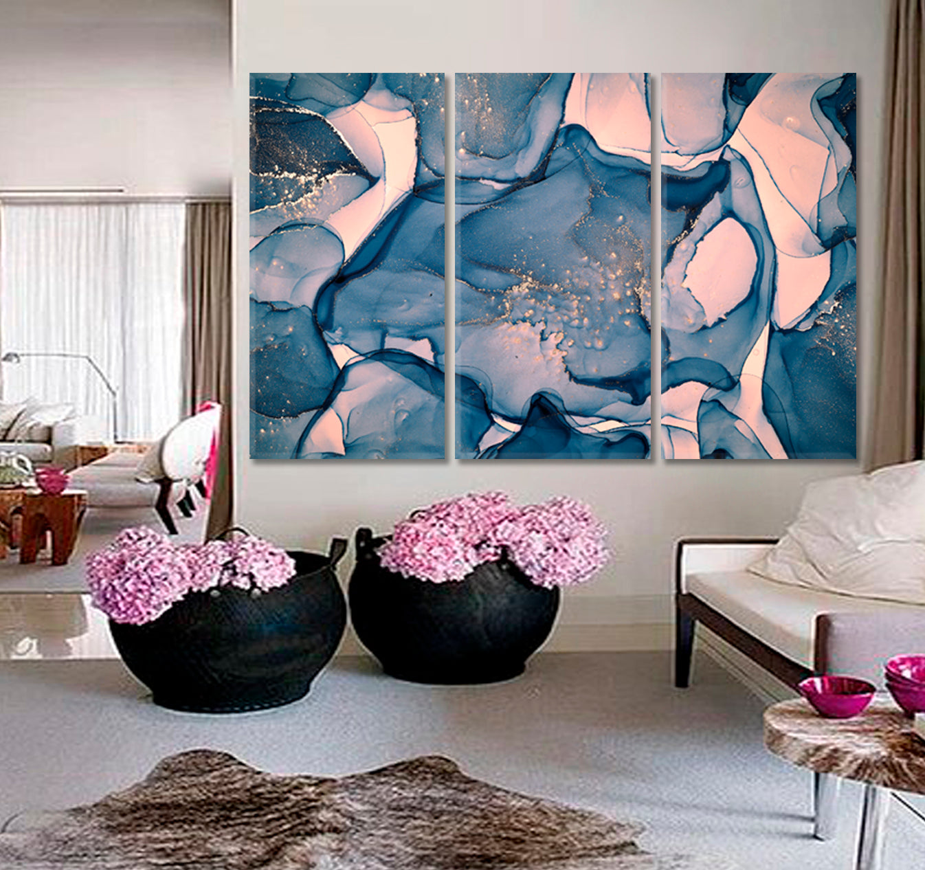 Oriental Marble Abstract Blue Fluid Art, Oriental Marbling Canvas Print Artesty 3 panels 36" x 24" 