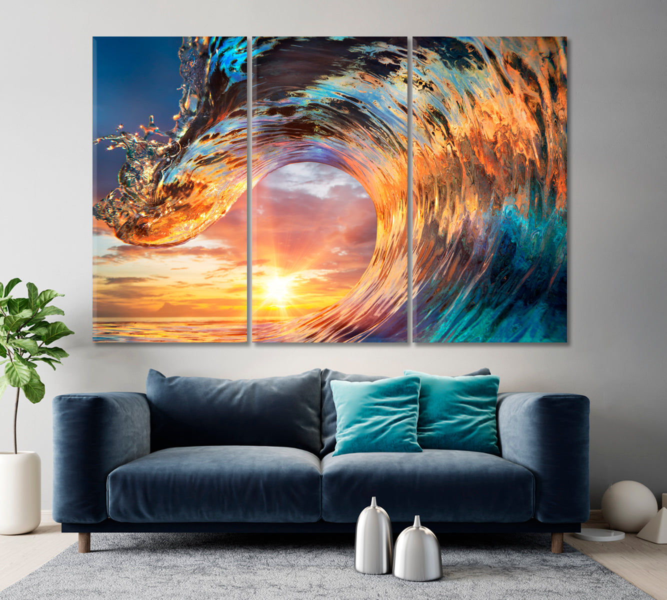 Colorful Ocean Wave Seawater Sunset Light Beautiful Clouds Nautical, Sea Life Pattern Art Artesty 3 panels 36" x 24" 