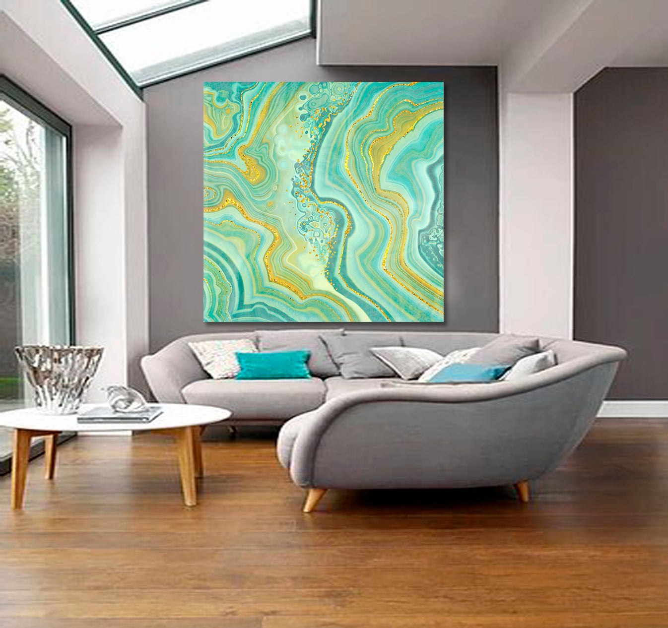 MINT GREEN ONYX Jade Agate Marble Slab Gold Glitter Veins Wavy Lines Fluid Art, Oriental Marbling Canvas Print Artesty   