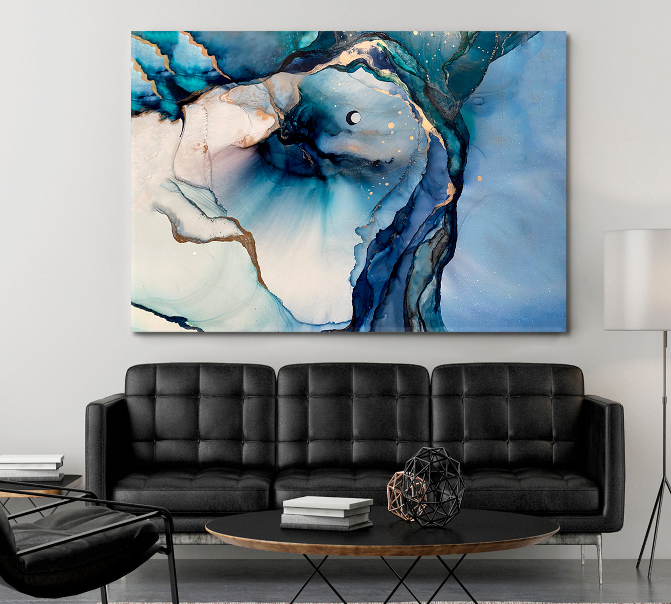 ABSTRACT CLOUDS Marble Blue Trendy Contemporary Fluid Poster Fluid Art, Oriental Marbling Canvas Print Artesty   