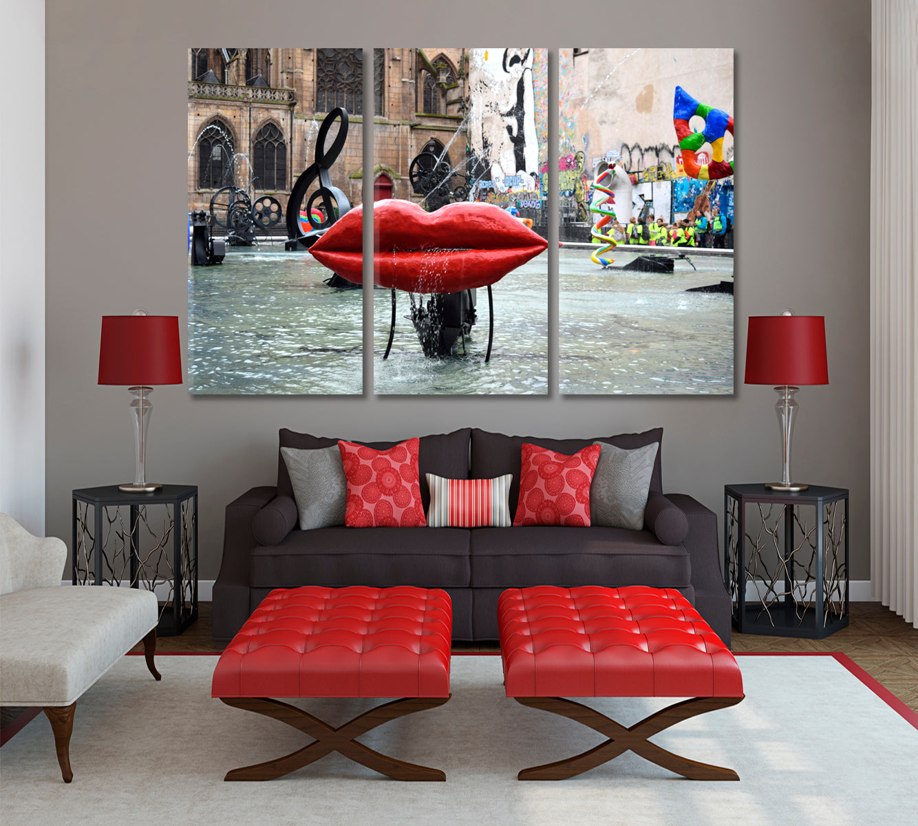 RED LIPS Stravinsky Fountain Modern Art Pampidu France Cities Wall Art Artesty 3 panels 36" x 24" 