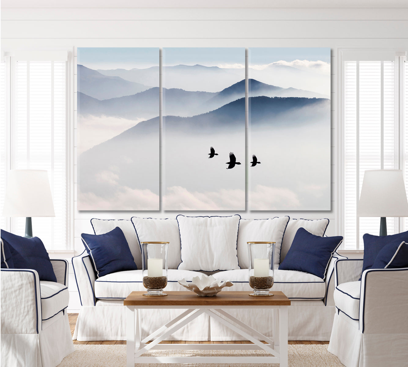 MISTY Mountains Birds Flying Sky Clouds Nature Wall Canvas Print Artesty   