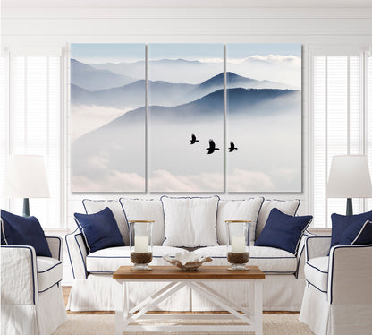 MISTY Mountains Birds Flying Sky Clouds Nature Wall Canvas Print Artesty   