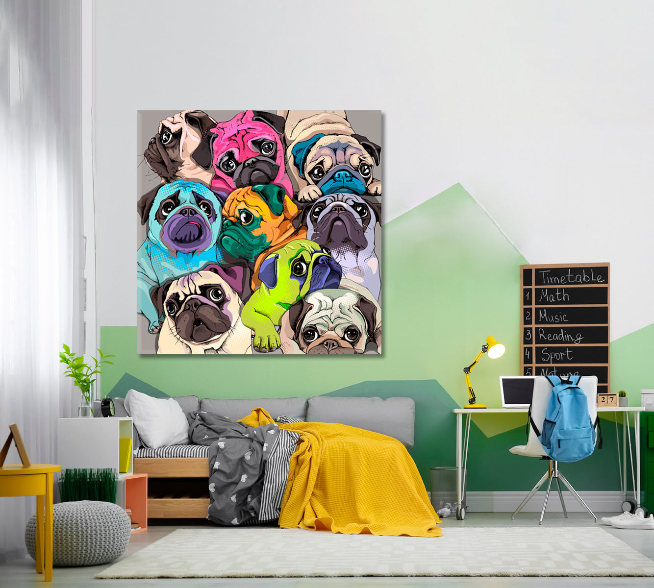 Funny Pugs Dogs Bright Colors Pop Art Whimsical Animal Canvas Print - Square Panel Animals Canvas Print Artesty   