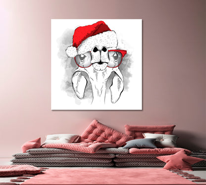 Cute Giraffe Portrait Santa's Hat Christmas Poster Canvas Print | Square Panel Animals Canvas Print Artesty   