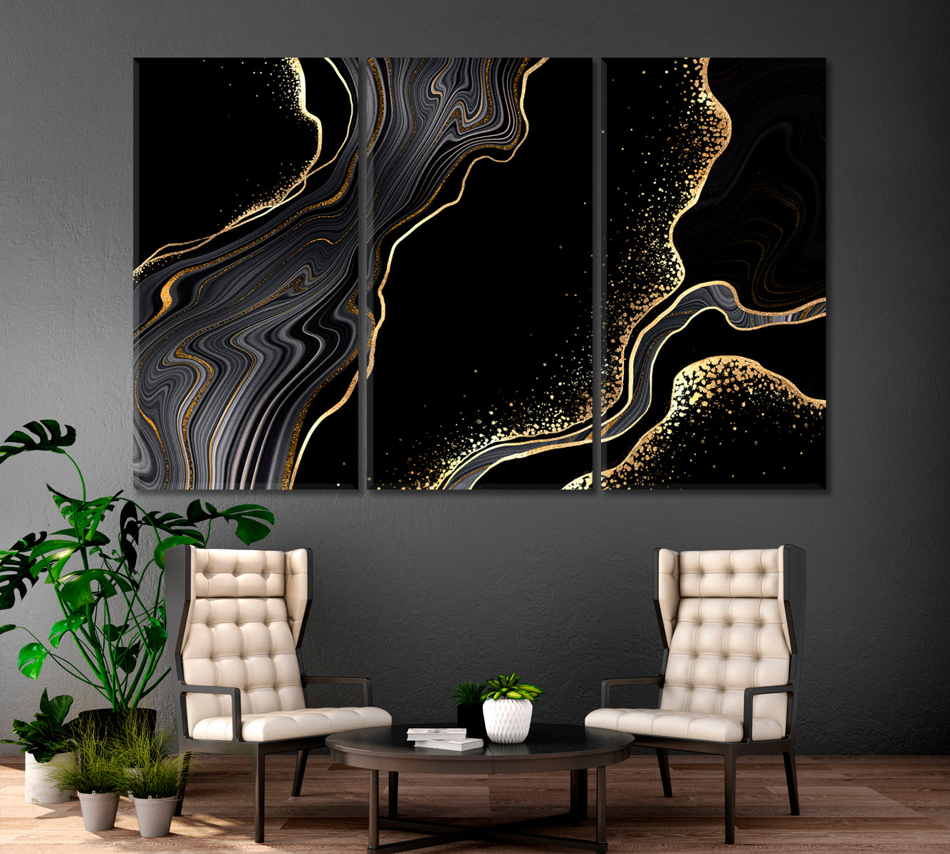 Abstract Black Agate Golden Veins Marble Giclée Print Fluid Art, Oriental Marbling Canvas Print Artesty 3 panels 36" x 24" 