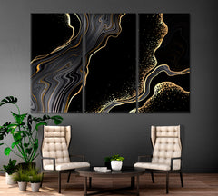 Abstract Black Agate Golden Veins Marble Giclée Print Fluid Art, Oriental Marbling Canvas Print Artesty 3 panels 36" x 24" 