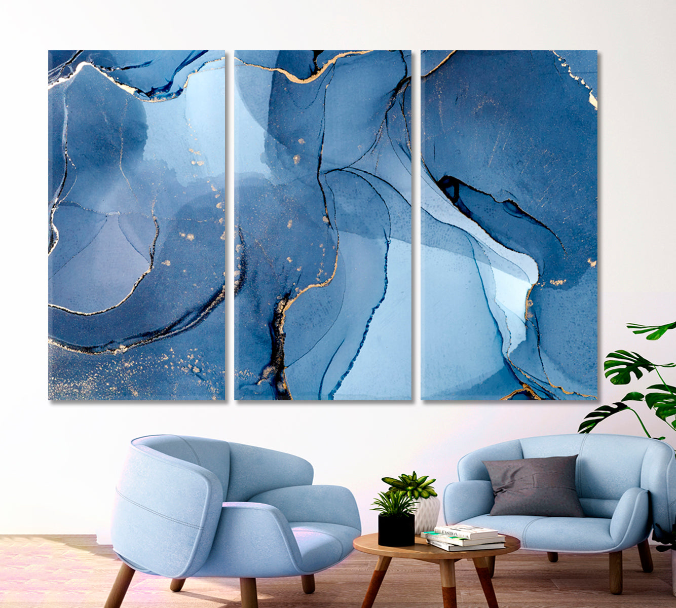 SHADES OF BLUE Marble Ink Color Pattern Creation Fluid Art, Oriental Marbling Canvas Print Artesty 3 panels 36" x 24" 