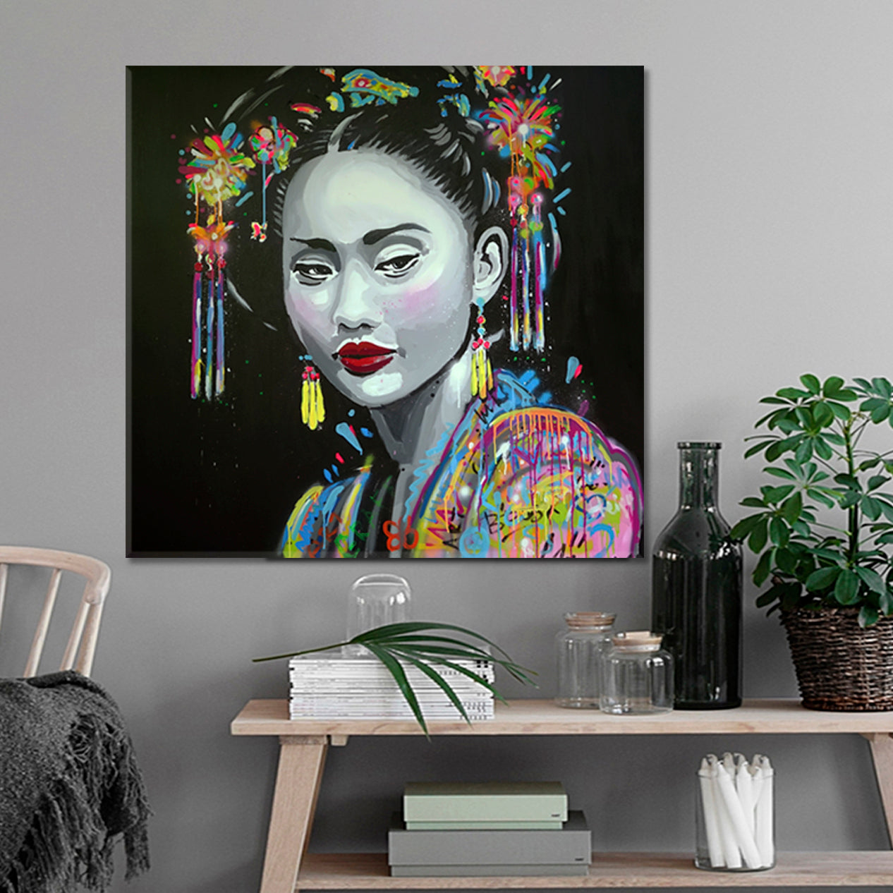 JAPANESE BEAUTY Beautiful Traditional Asian Girl Grunge Modern Style Canvas Print - Square Asian Style Canvas Print Wall Art Artesty   
