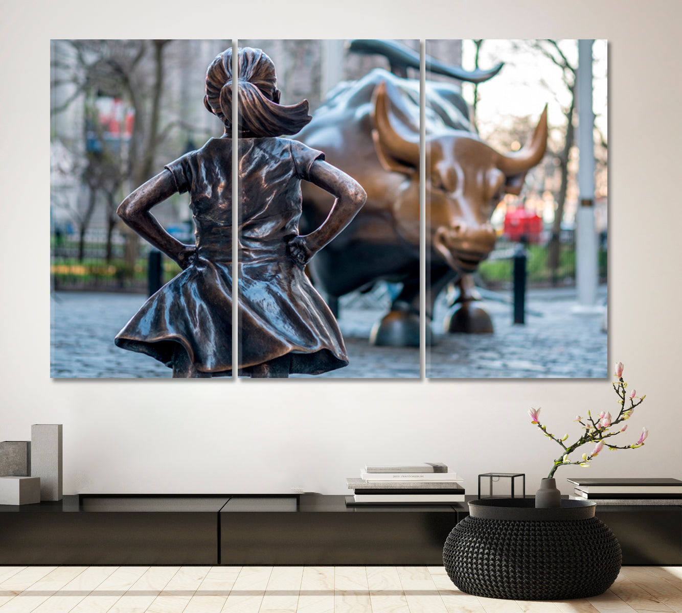 The Fearless Girl and Charging Bull New York City Manhattan NY USA Famous Landmarks Artwork Print Artesty 3 panels 36" x 24" 