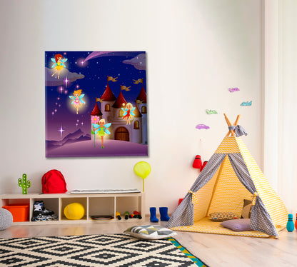 Castle Fairies Flying Sweet Kids Baby Nursery Wall Art Canvas Print | Square Panel Kids Room Canvas Art Print Artesty   