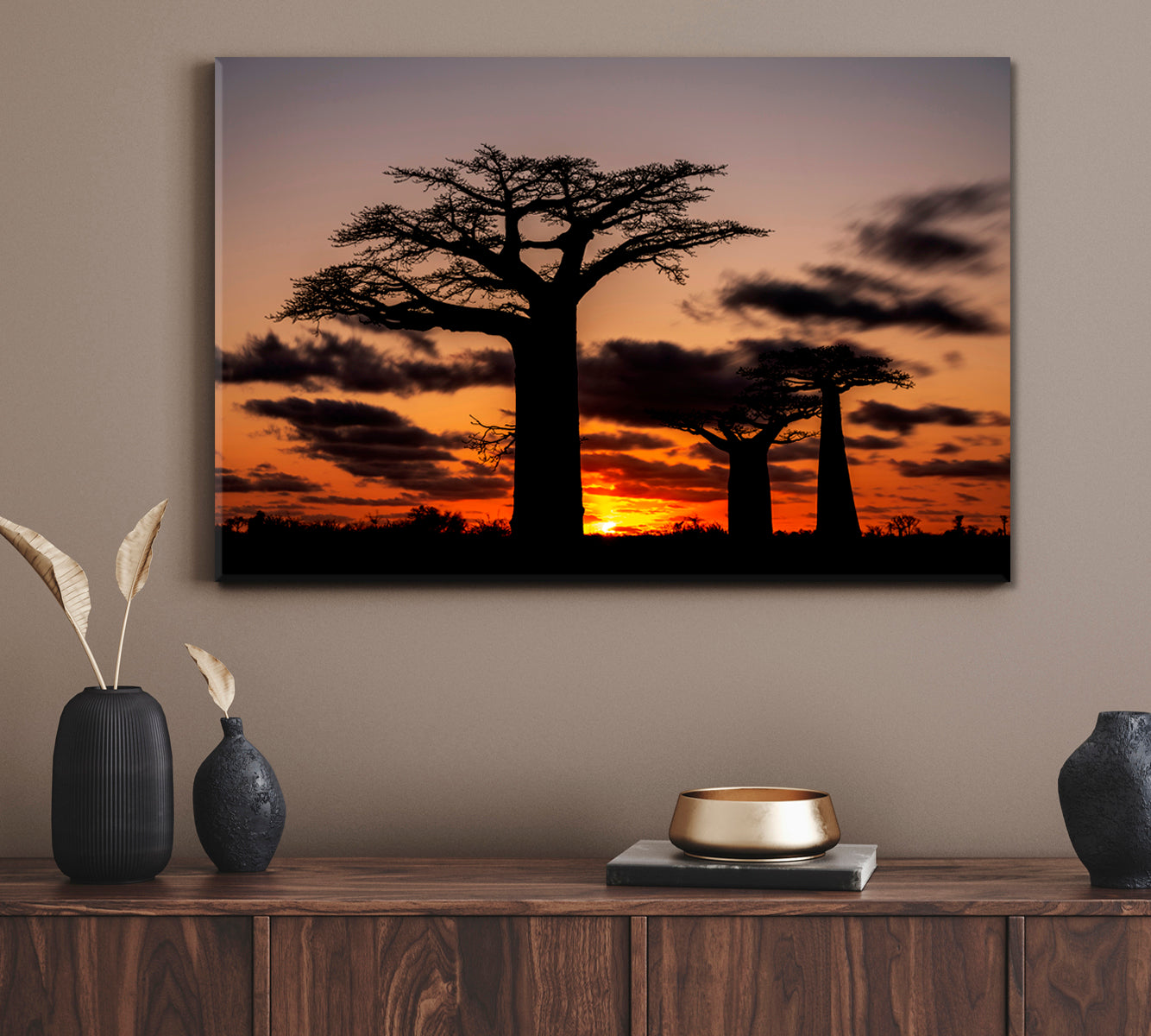 African Landscape Night View Huge Baobabs Nature Wall Canvas Print Artesty 1 panel 24" x 16" 