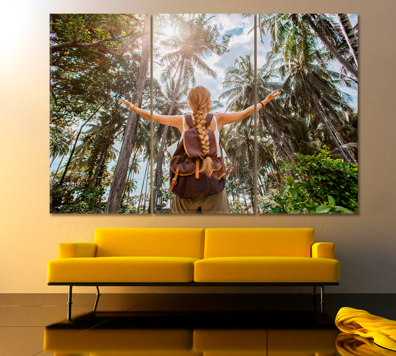 TRAVELING AROUND THE WORLD Girl in the Jungle Sport Active Lifestyle Concept Traveling Around Ink Canvas Print Artesty 3 panels 36" x 24" 