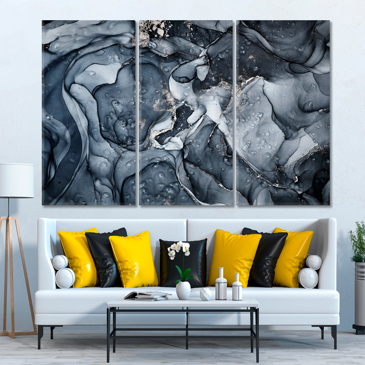 Trendy Blue Gray Alcohol Ink Colors Translucent Marble Fluid Art, Oriental Marbling Canvas Print Artesty 3 panels 36" x 24" 