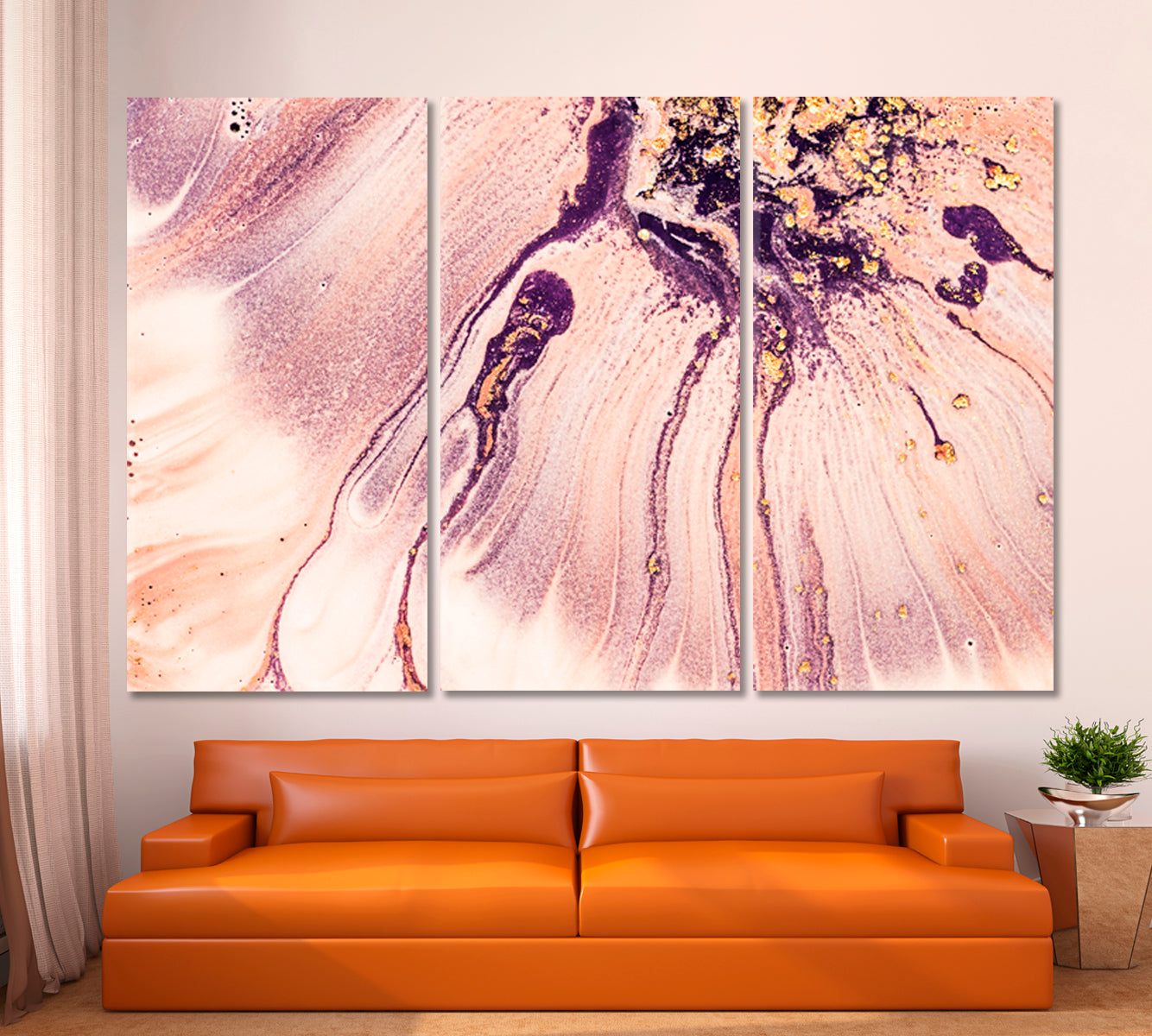 Pink Pale Rosette Gentle Romantic Marble Pattern Fluid Art, Oriental Marbling Canvas Print Artesty 3 panels 36" x 24" 