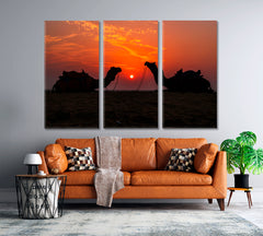Camels and the Red Sun Animals Canvas Print Artesty 3 panels 36" x 24" 