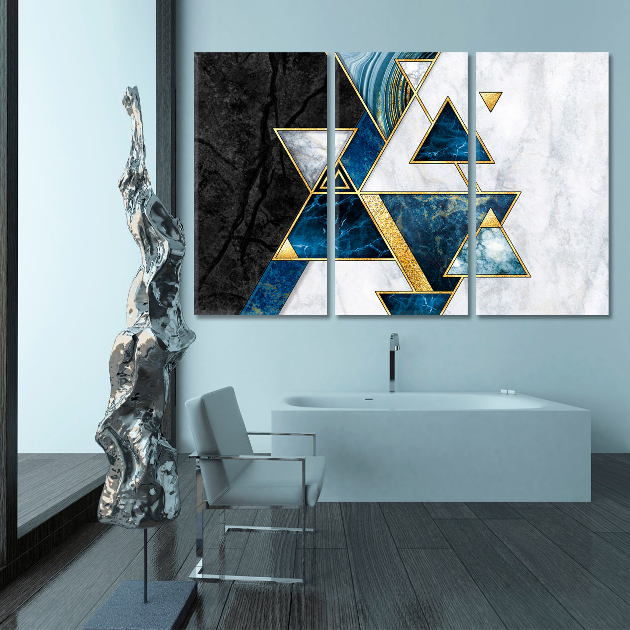 Abstract Geometric Modern Marble Mosaic Inlay Blue Gold Triangles Black White Stone Giclée Print Abstract Art Print Artesty 3 panels 36" x 24" 