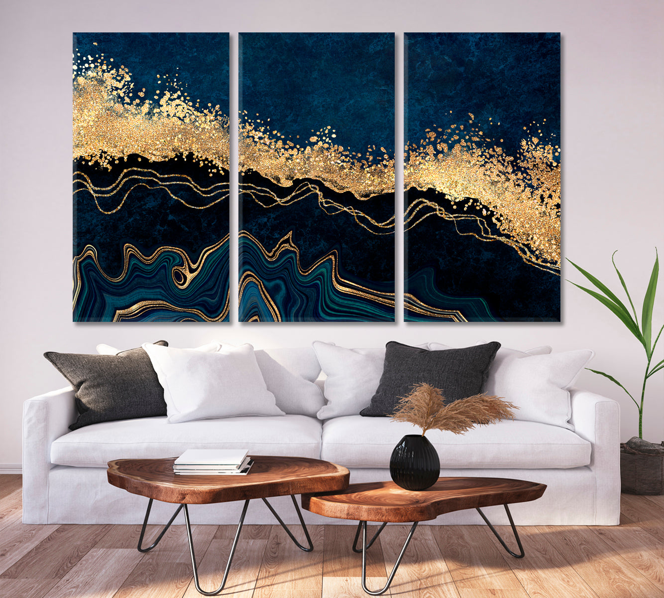 Abstract Dark Blue with Golden Effect Marble Artistic Design Giclée Print Contemporary Art Artesty 3 panels 36" x 24" 