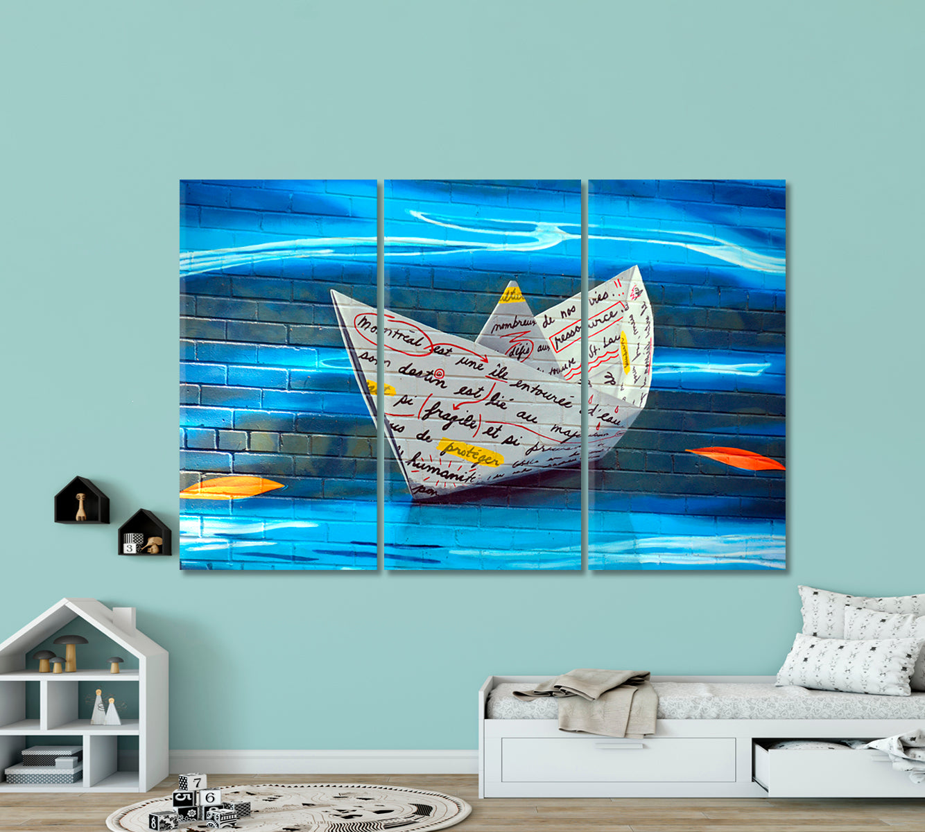 ORIGAMI BOAT Graffiti Montreal Canada Street Art Canvas Print Street Art Canvas Print Artesty 3 panels 36" x 24" 