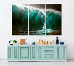 HURRICANE Sailing Ship Tsunami Storm Ocean Big Waves Nautical, Sea Life Pattern Art Artesty 3 panels 36" x 24" 