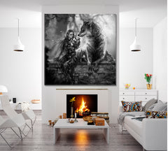 LADY OF WOLVES Mystical Woman Wild Wolf Fantasy Concept Canvas Print - Square Surreal Fantasy Large Art Print Décor Artesty   