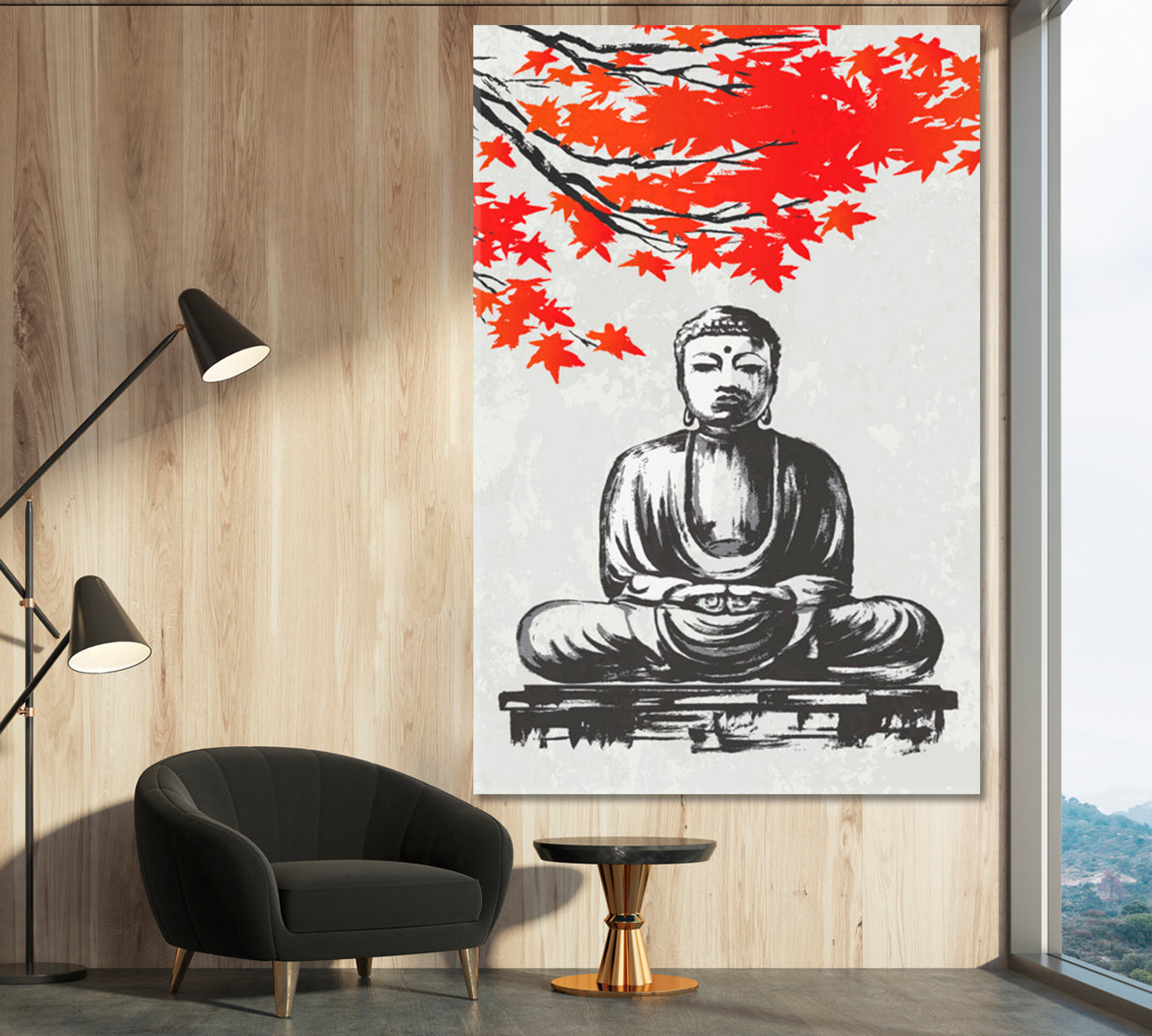 HARMONY Great Buddha of Kamakura with Maple Branch Oriental Style -  Vertical Asian Style Canvas Print Wall Art Artesty   