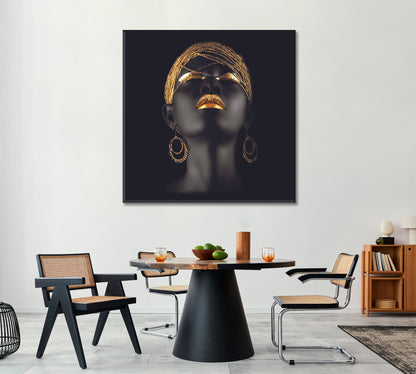 BEAUTIFUL Black and Gold African Woman Fantastic Make Up Face | Square Fashion Canvas Print Artesty   