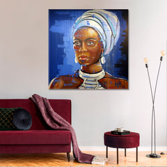 Portrait African Young Black Woman Traditional Ethnic Headscarf | Square African Style Canvas Print Artesty   