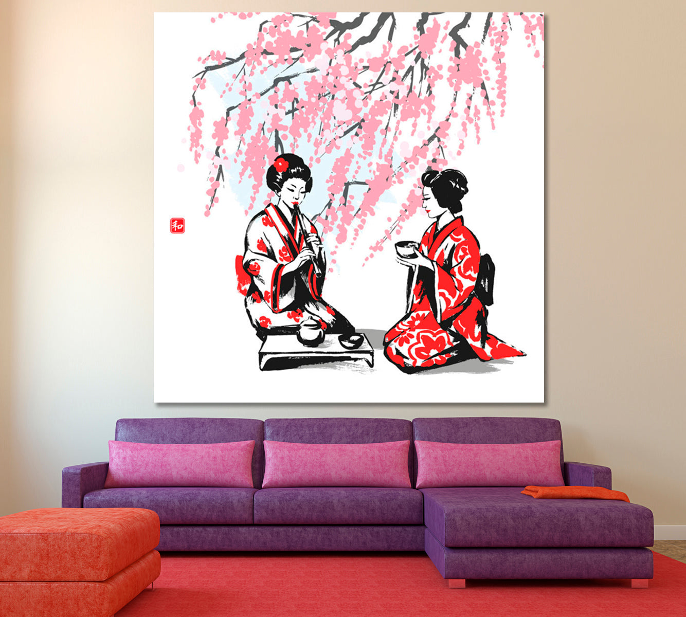 Oriental Branches Cherry and Two Girls Having Tea Japanese Style Canvas Print - Square Asian Style Canvas Print Wall Art Artesty   